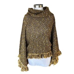 St. John Mustard Gold Black White Textured Knit Cowl Neck Fringe Poncho Size P
